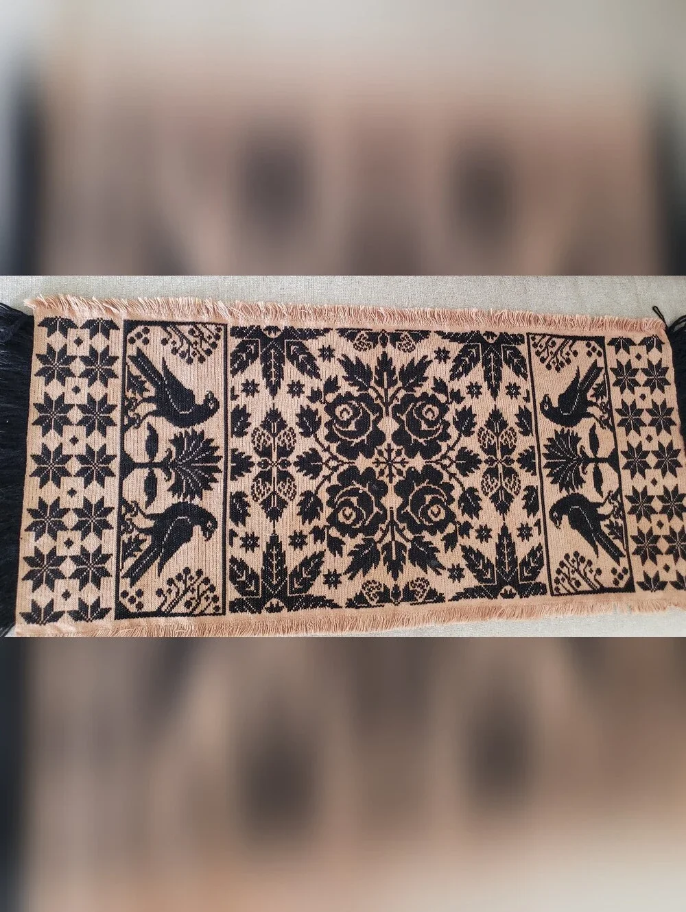Handwoven Bird & Floral Tapestry Runner in Black and Tan